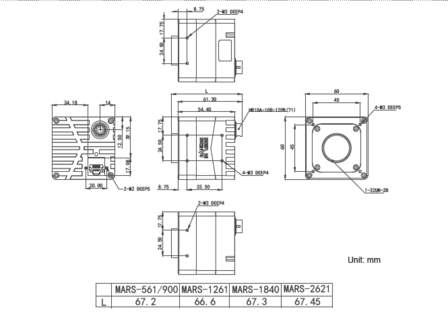 Mechanical drawing and dimensions of 6MP 10GigE Vision Camera Color with Gpixel GMAX2505 sensor, model MARS-561-207GTC