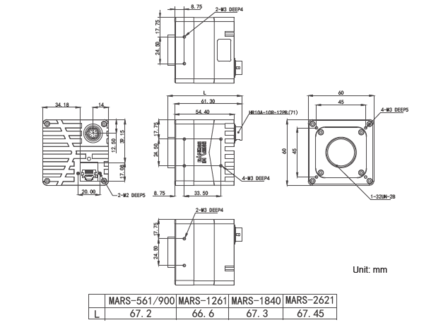 Mechanical drawing and dimensions of 9MP 10GigE Vision Camera Monochrome with Gpixel GMAX2509 sensor, model MARS-900-120GTM