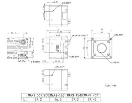 Mechanical drawing and dimensions of 18MP 10GigE Vision Camera Color with Gpixel GMAX2518 sensor, model MARS-1840-63GTC