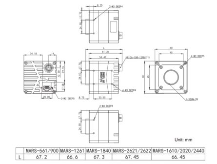 Mechanical drawing and dimensions of 16MP 10GigE Vision Camera Monochrome with Sony IMX542 sensor, model MARS-1610-52GTM