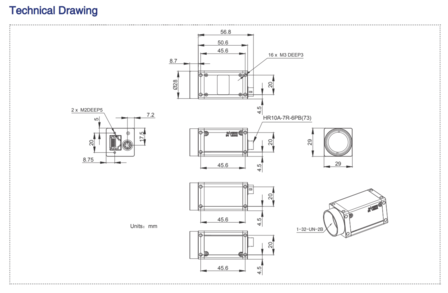 Mechanical drawing and dimensions of 2.5GigE 12MP Monochrome with Sony IMX545 sensor, model MER3-1221-24G3M-P
