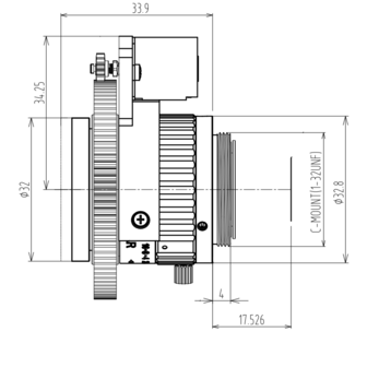 Mechanical Drawing Motorized focus lens C-mount 5MP 16MM F1.4 for max sensorsize 2/3&quot; 