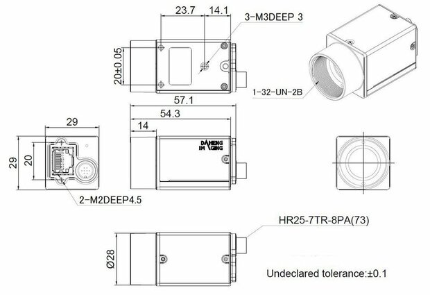 Mechanical drawing and dimensions of 10.7MP GigE Vision Camera PoE Monochrome with On Semi MT9J003 sensor, model MER2-1070-10GM