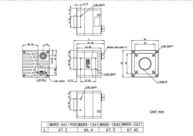 Mechanical drawing and dimensions of 6MP 10GigE Vision Camera Color with Gpixel GMAX2505 sensor, model MARS-561-207GTC