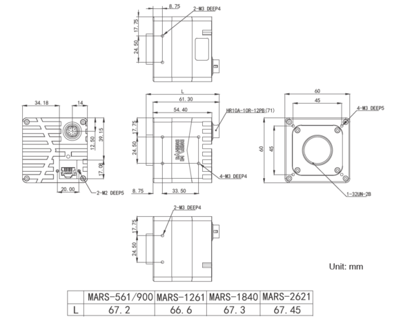 Mechanical drawing and dimensions of 18MP 10GigE Vision Camera Monochrome with Gpixel GMAX2518 sensor, model MARS-1840-63GTM