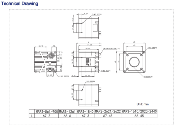 Mechanical drawing and dimensions of 25MP 10GigE Vision Camera Monochrome with Sony IMX540 sensor, model MARS-2440-35GTM