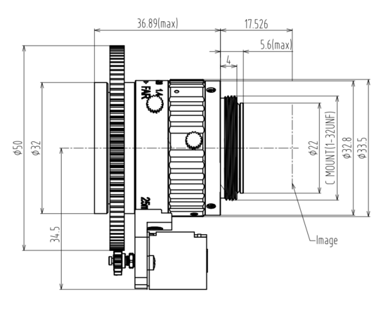 Mechanical Drawing Motorized focus lens C-mount 5MP 25MM F1.4 for max sensorsize 2/3"