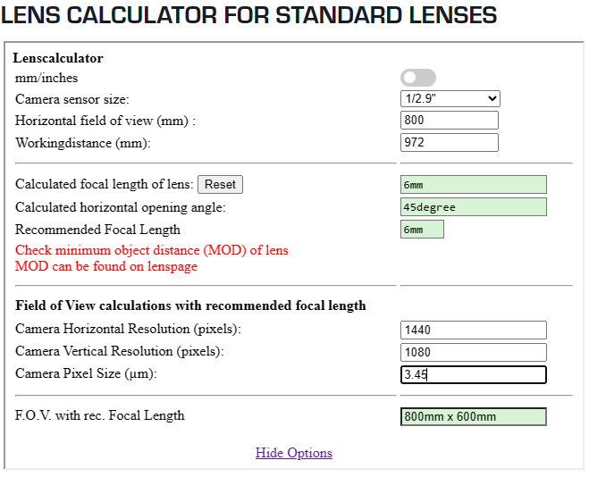Calculation for lens selection for object placement project